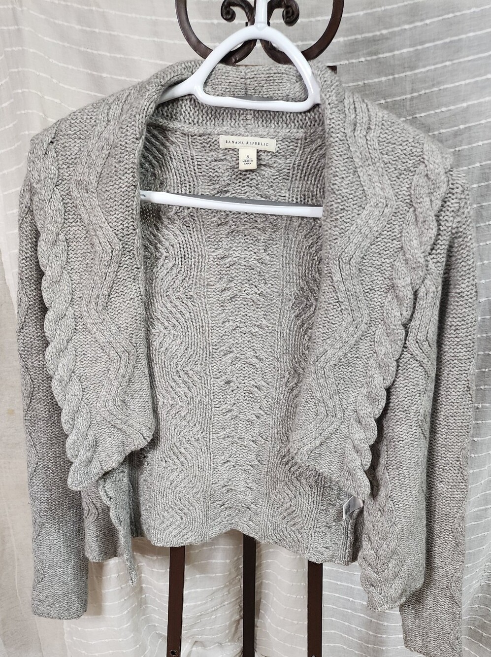 Banana Republic Cashmere Wool Cotton Blend Light Gray Cable-Front Open Cardigan